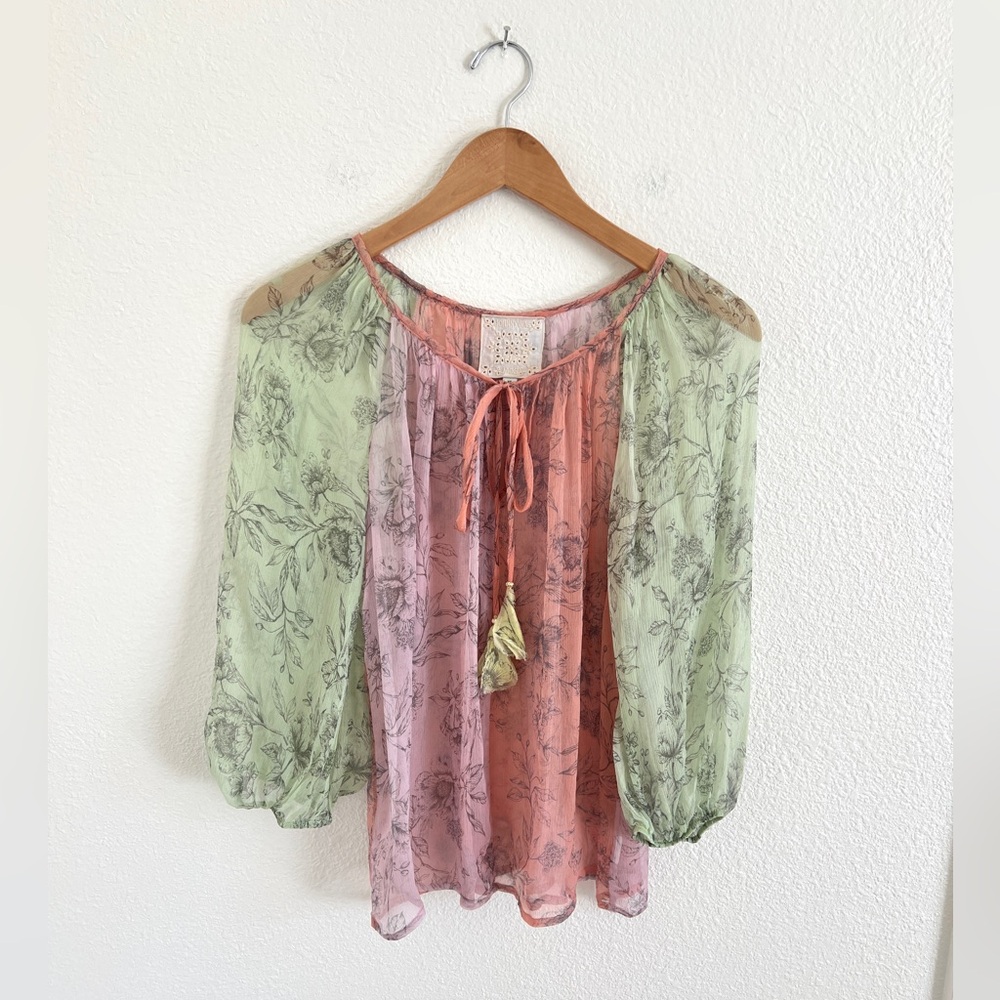 JOHNNY WAS JADE colorblock pastel sheer silk blouse / size XS